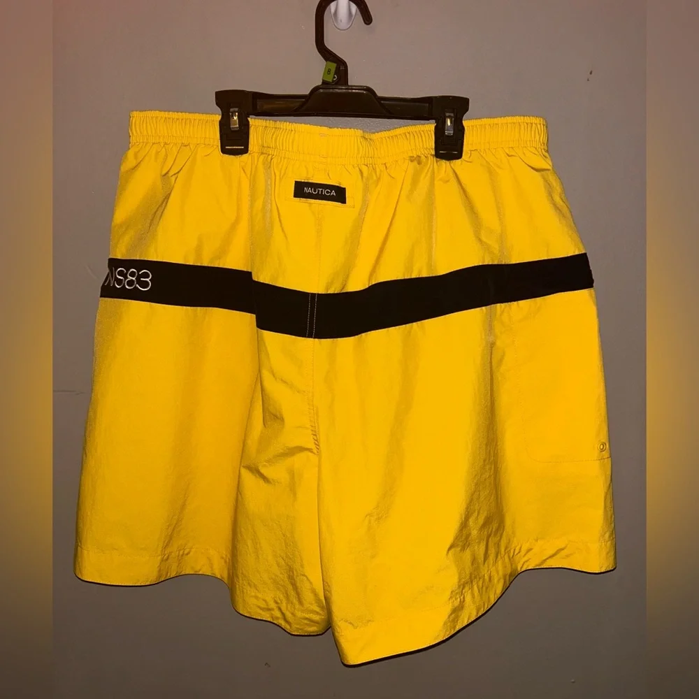 Vintage Nautica Swim Trunks - yellow/navy/white flag spell out lined